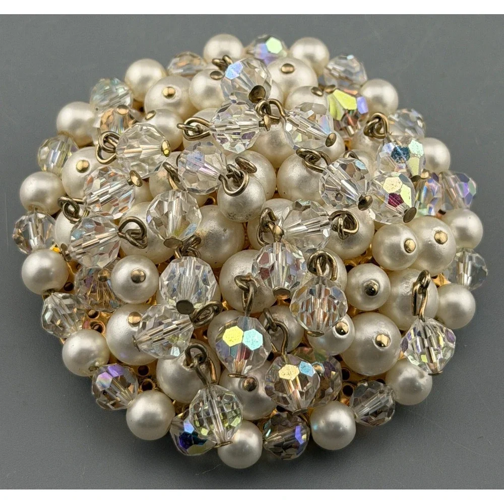 Vintage Kramer Brooch Faux Pearl AB Crystal Clusters Dangling Cha-Cha Style 2.5
